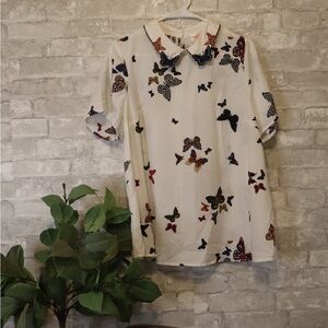 Butterfly Print Collared Women Top